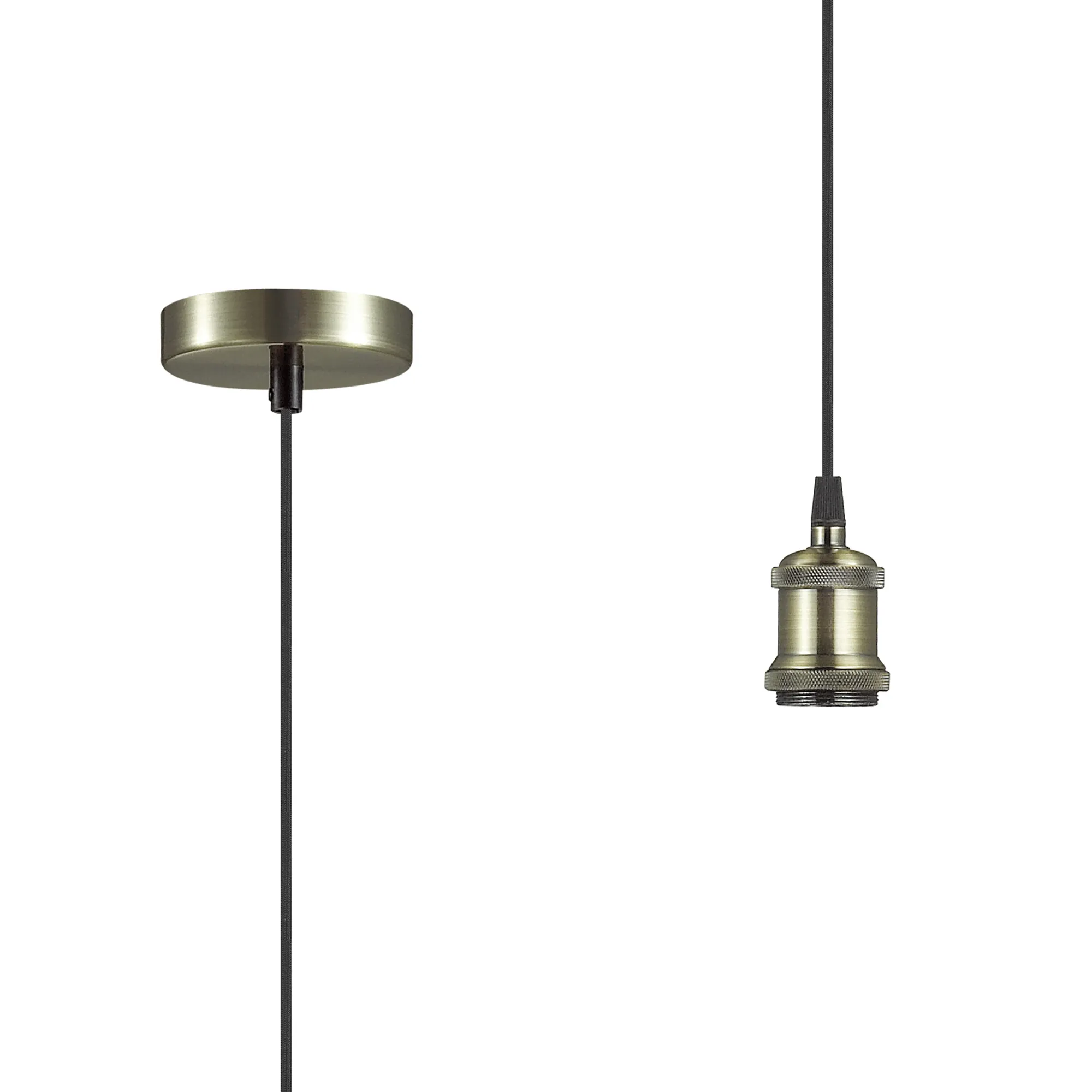 D0177  Dreifa 1.5m Single Pendant, 1 x E27, Antique Brass/Antique Base and Black Braided Cable (Maximum Load 1.5kg)